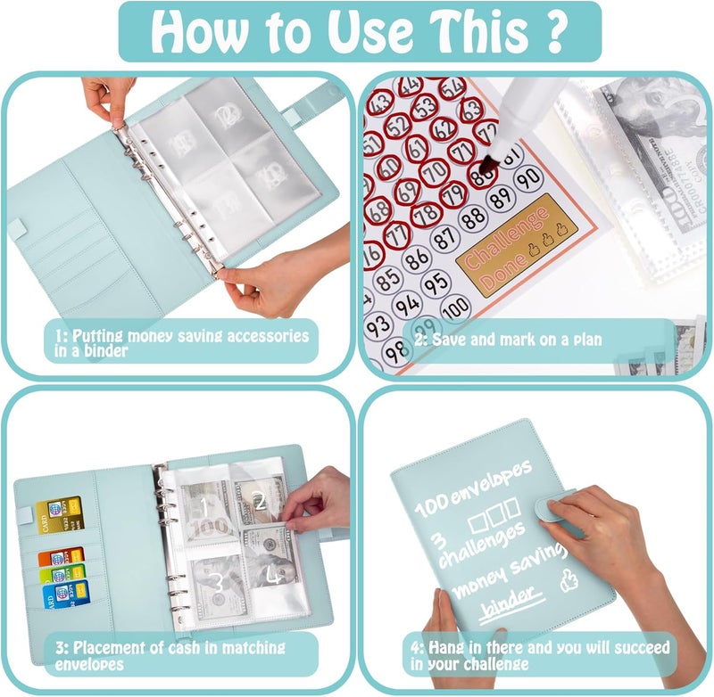 Antner 100 Envelopes Money Saving Challenge Binder, Savings Challenges Book with Envelopes & 3 Challenge Trackers to Save $5,050 and $500 and $10,000, A5 Budget Binder Money Saving Book, Mint Blue - Image 4